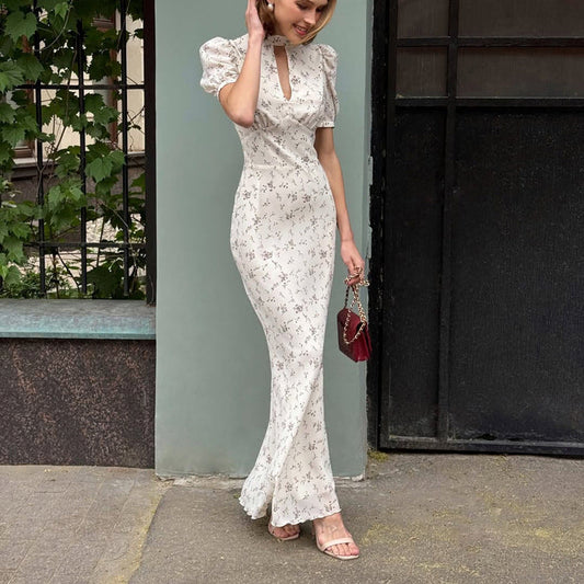 Elegant Floral Midi Dress With Hollow Out Design