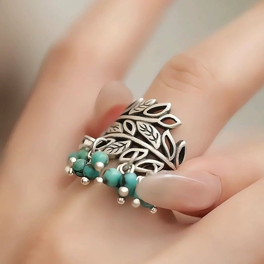 Silver New Retro Old Turquoise Fringed Ring Ethnic Style Tang Grass Flower Hollow Hammer Ring