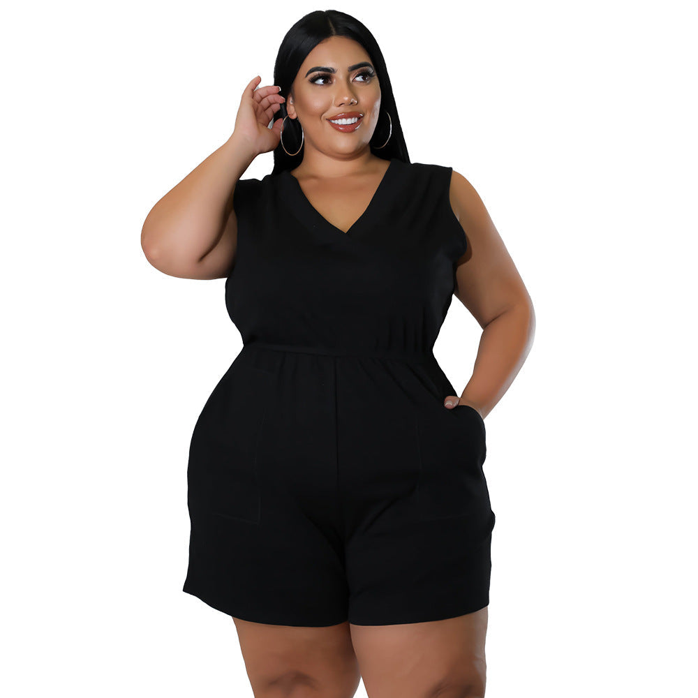 Plus Size V-Neck Solid Color Sleeveless Jumpsuit With Pockets