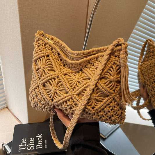 Knitted Bag Women'S 2025 New Fashion Versatile Shoulder Messenger Bag Casual High-End Woven Straw Bag