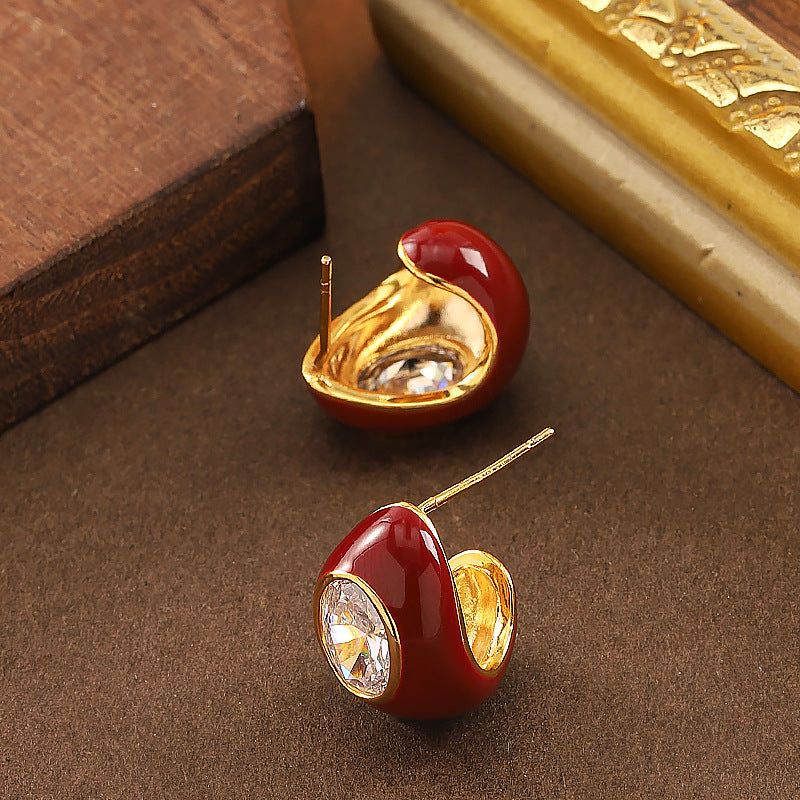 Fashionable Zirkon Stone Enamel Drip Glaze Red Water Drop Earrings