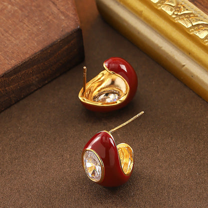 Fashionable Zirkon Stone Enamel Drip Glaze Red Water Drop Earrings