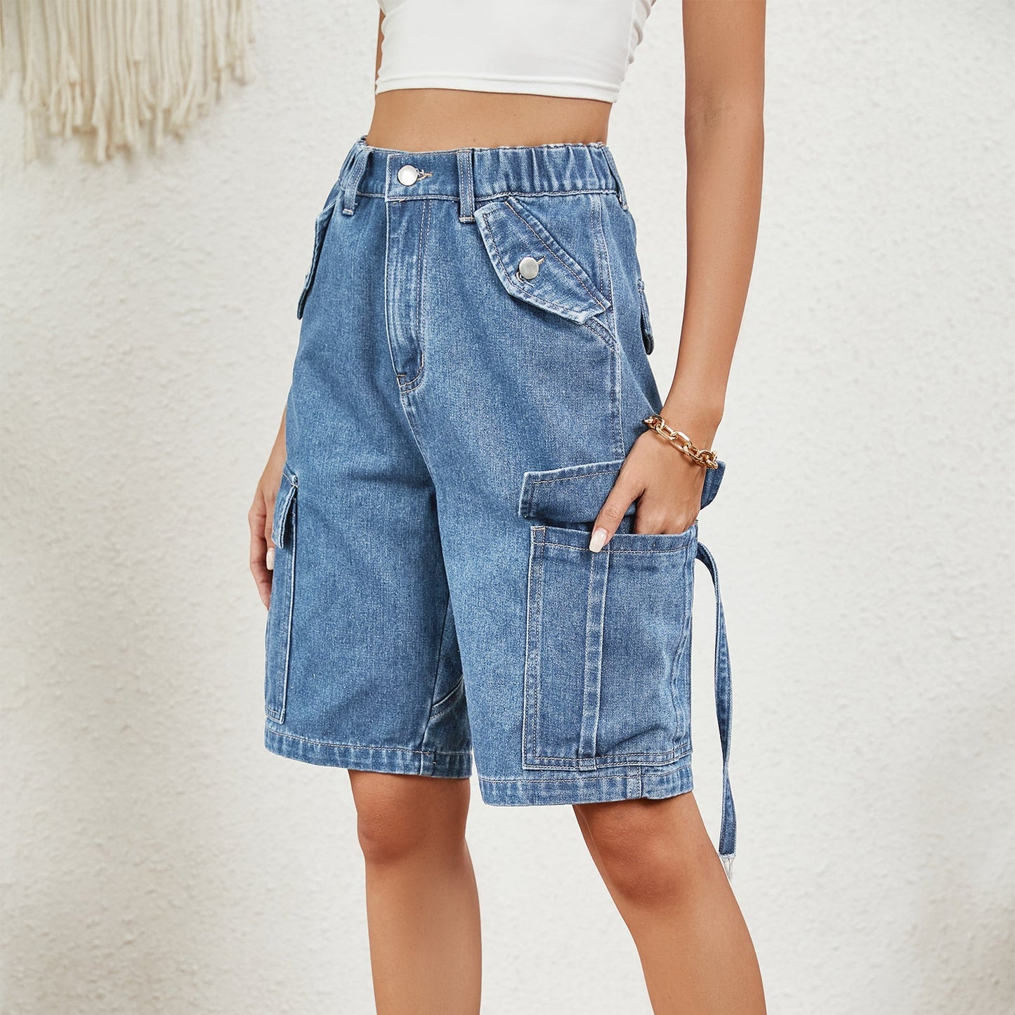 Stylish Mid Waisted Denim Cargo Bermuda Shorts