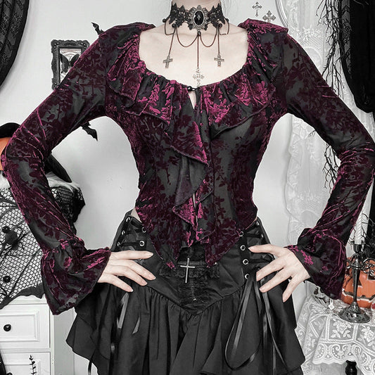 Chic V-Neck Long Sleeve Top with Ruffle Edges