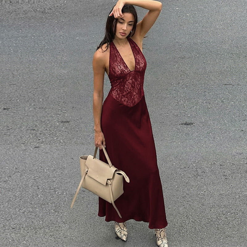 Backless Lace-Trimmed Deep V Neck Dress