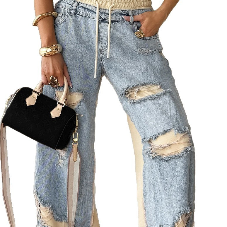 Ripped Drawstring Color Block Straight Leg Jeans