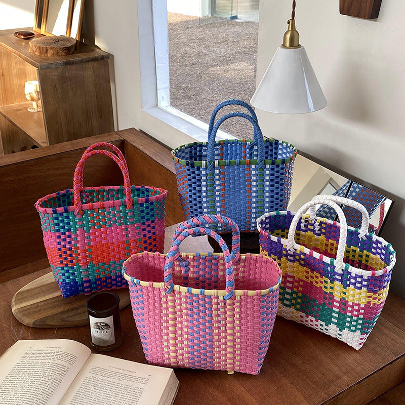 Handwoven Tote Bag Color Block Beach Bag