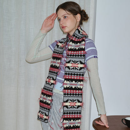 Retro Color Block Knit Scarf for Women