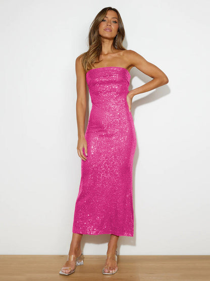Sequin Strapless Long Dress Elegant Evening Gown