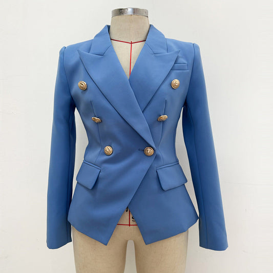 Trendy Double-Breasted Lion Button Blazer in Lake Blue