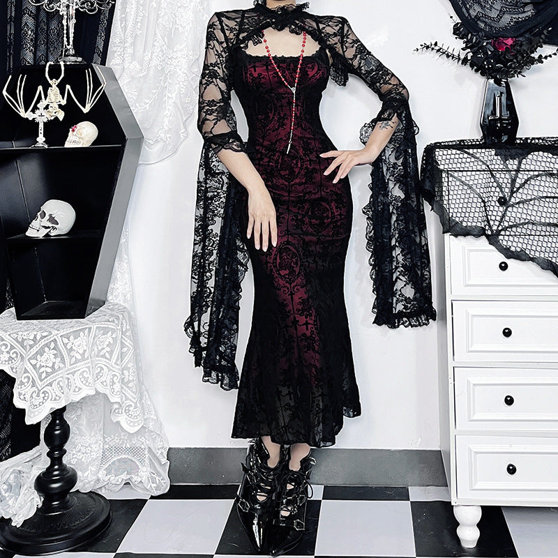 Vintage Gothic Halter Top Dress with Floral Print