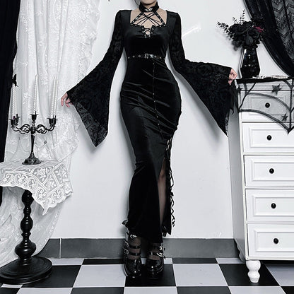 Gothic Style Cut-Out Bodycon Dress with Flare Sleeves