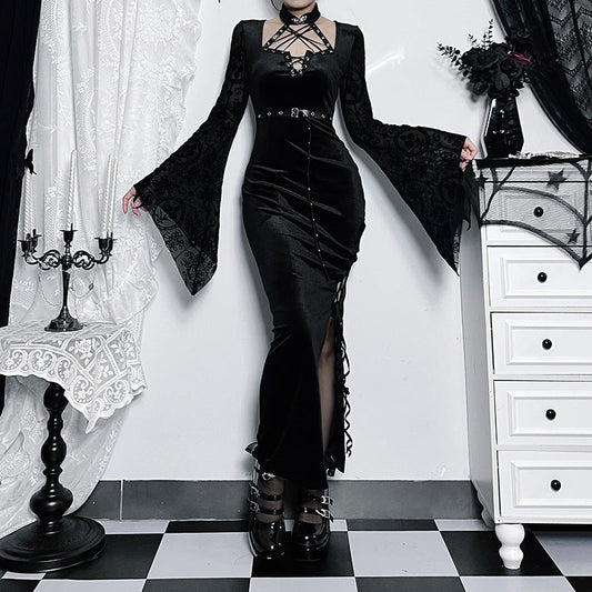 Gothic Style Cut-Out Bodycon Dress with Flare Sleeves