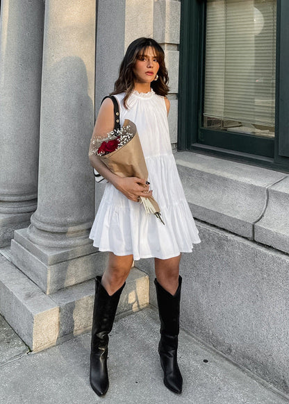 Sleeveless Mini Dress Lightweight Fabric Ruffle Neckline