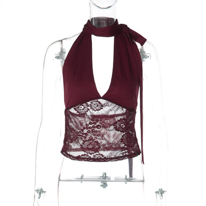 Sheer Lace Bustier Top Deep V Neck with Tie Detail