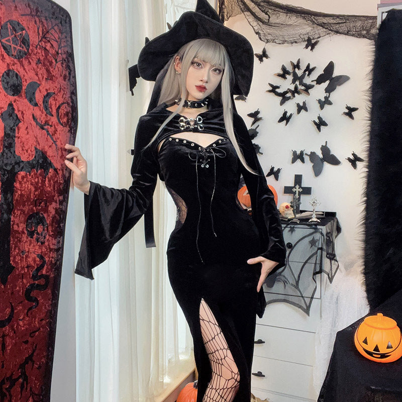 Dark Aesthetic Hooded Bell Sleeve Spider Web Dress