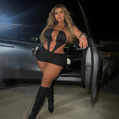 Backless Sexy Bodysuit With Tie Detail And Fitted Shorts