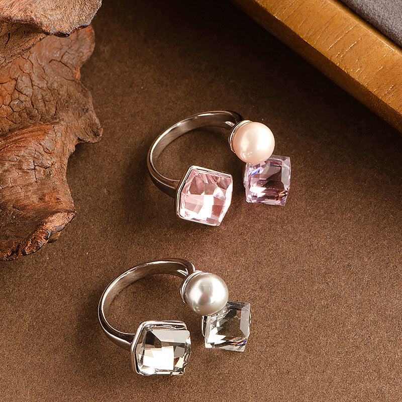 Fashionable Square Crystal Pearl Adjustable Ring For Couples