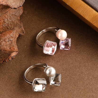 Fashionable Square Crystal Pearl Adjustable Ring For Couples