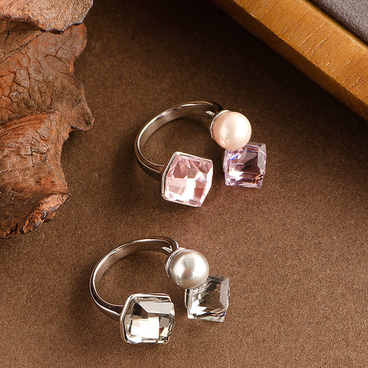 Fashionable Square Crystal Pearl Adjustable Ring For Couples