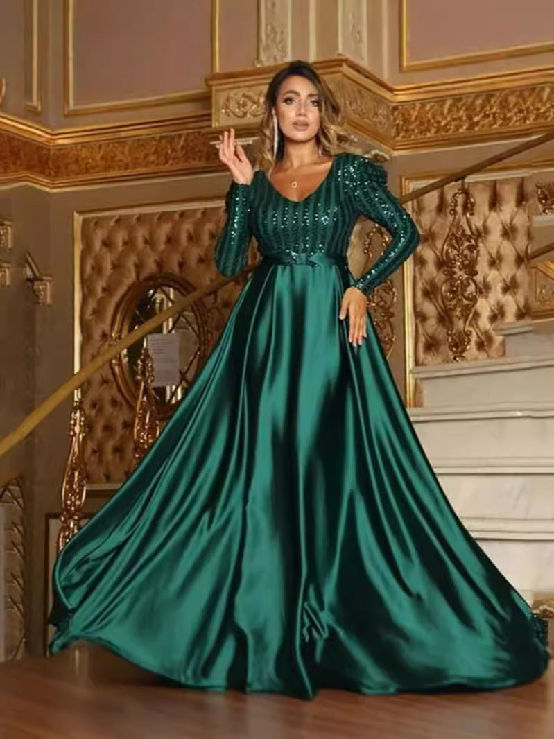 Deep V Neck A-Line Maxi Dress With Train For Evening Parties
