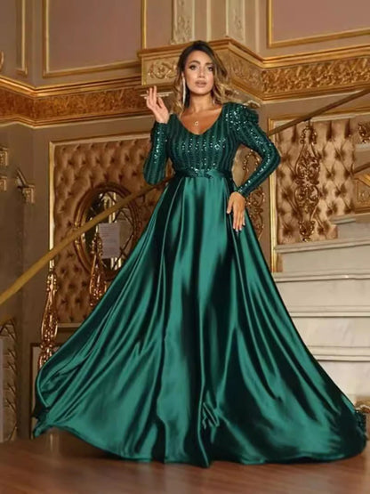 Deep V Neck A-Line Maxi Dress With Train For Evening Parties