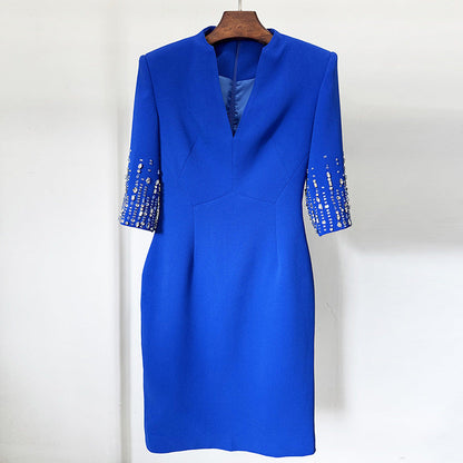 V-Neck Knee-Length Dress With Beading And Sequins