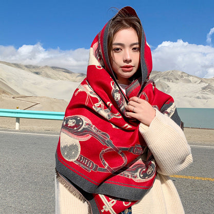 Red Scarf Women'S Winter New Versatile Cashmere High-End Sense Fashion Dual-Purpose Shawl Thickened Neck