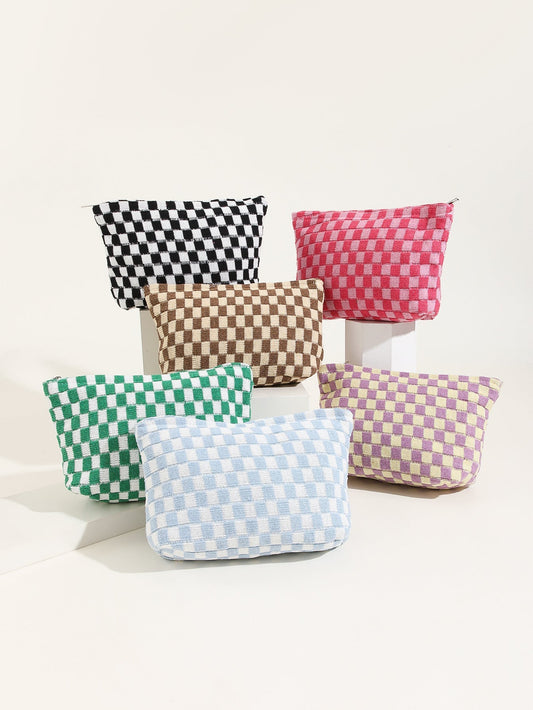 Plaid Color Block Lage Capacity Make Up Bag