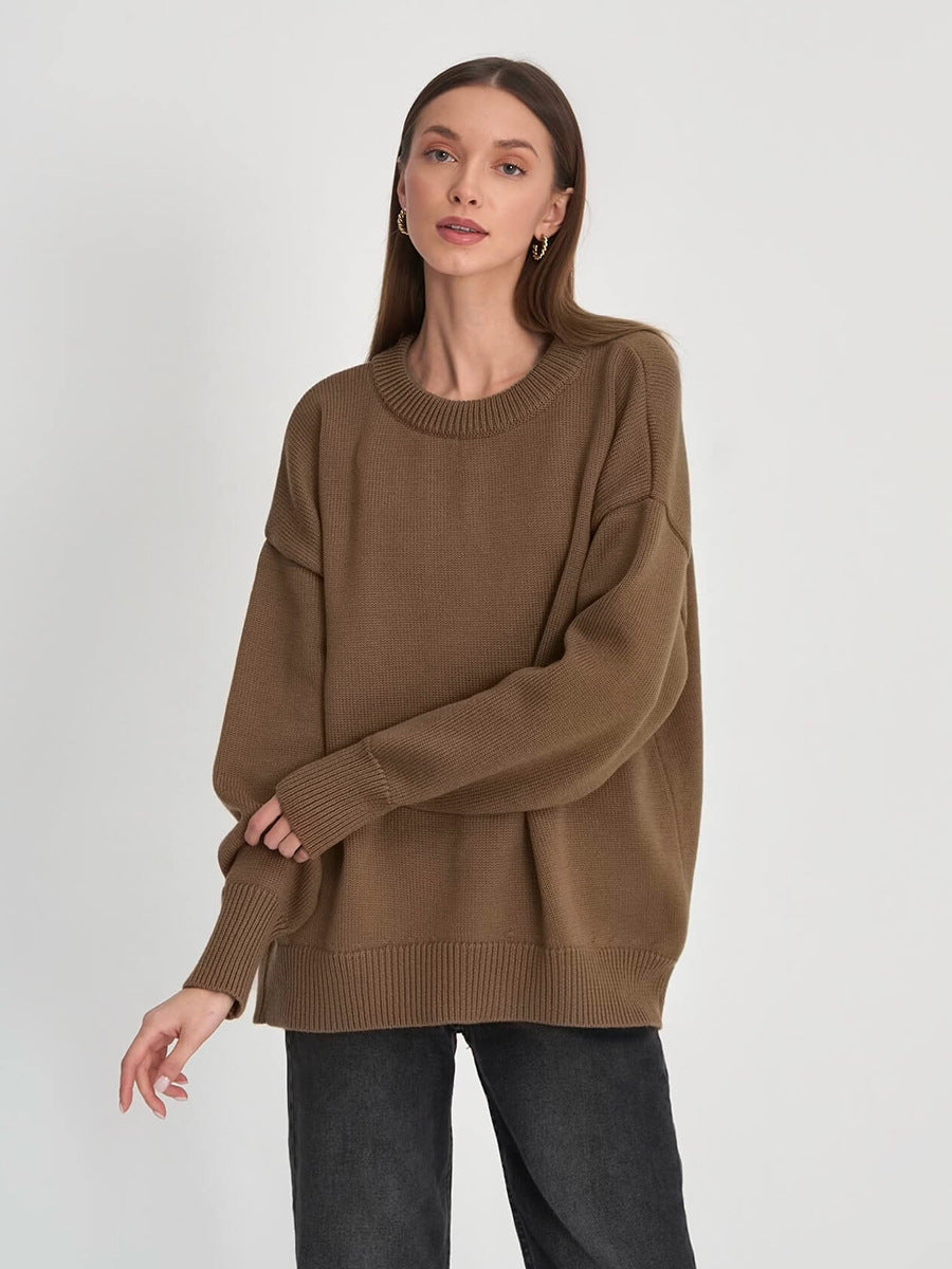 Classic Round Neck Sweater Solid Color Knit Top Casual Elegance