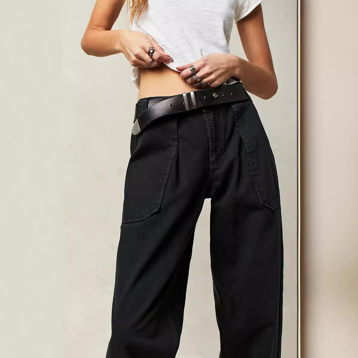 Casual Mid Waist Solid Color Denim Pants