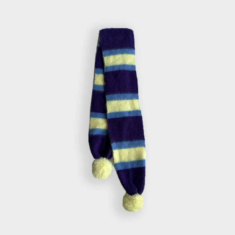 Cute Knit Striped Scarf with Pom Pom