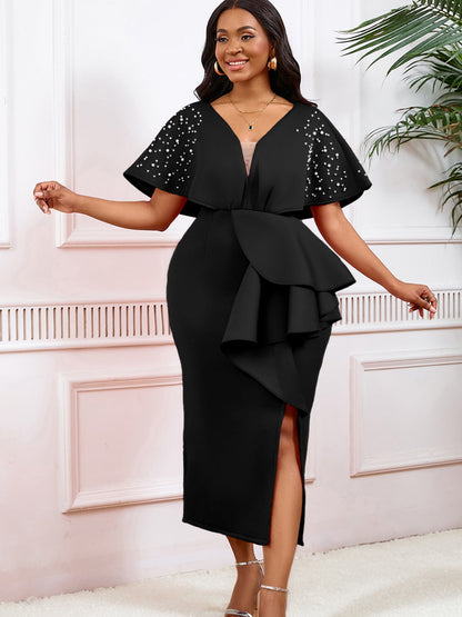 Elegant V-Neck Ruffle Hem Evening Dress