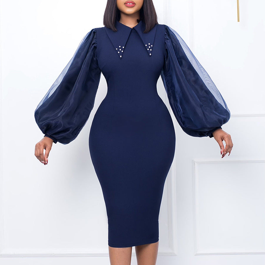 Pencil Skirt Dress With Beading And Mesh Panel