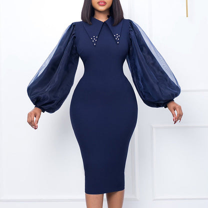 Pencil Skirt Dress With Beading And Mesh Panel