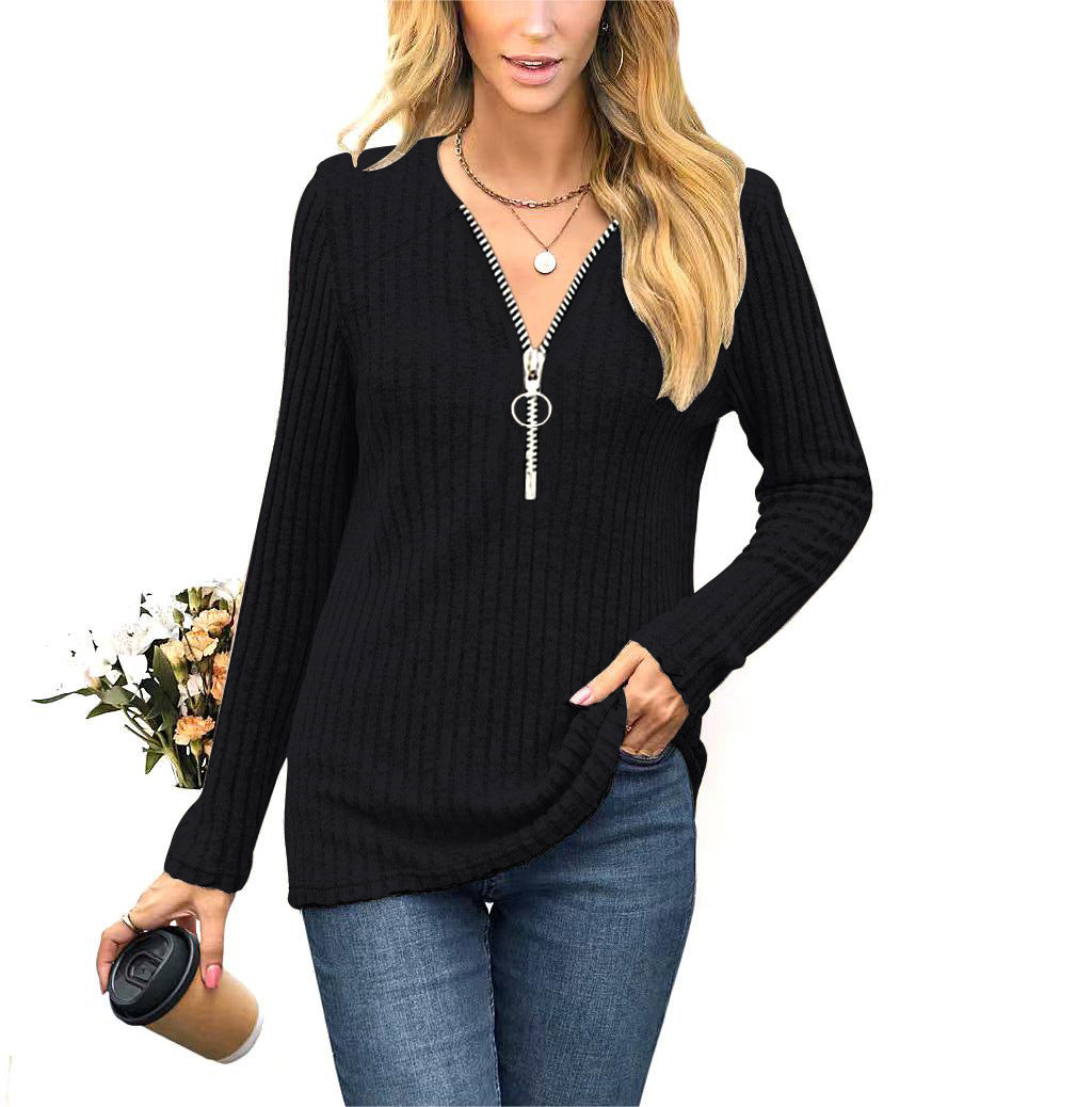 Autumn/Winter New Women'S Wear Chest Zipper Pleated Casual Long Sleeve T-Shirt Top