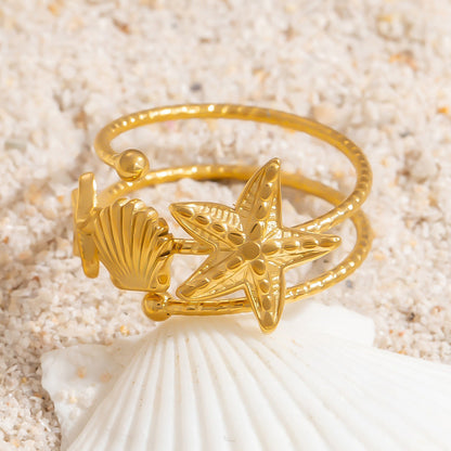 Ocean Series 18K Gold-Plated Stainless Steel Ring Stylish Open Ring for Women