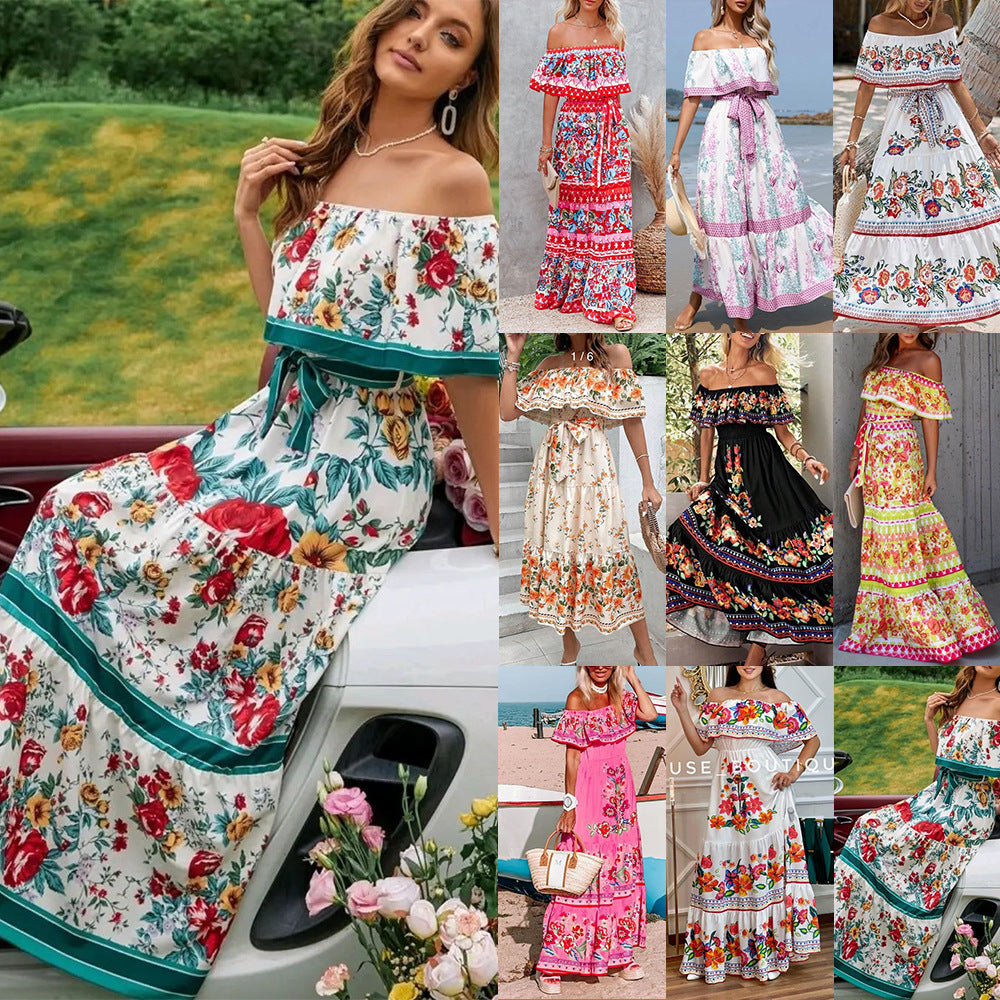 Spring And Summer New One-Shoulder Print Long Swing Dress
