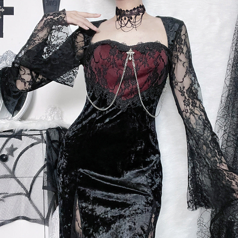 Dark Aesthetic Lace Sleeve Bodycon Dress
