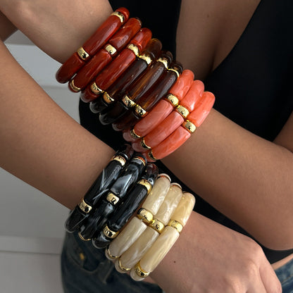 Trendy Beaded Bamboo Bracelets Set With Metallic Curved Tube Design