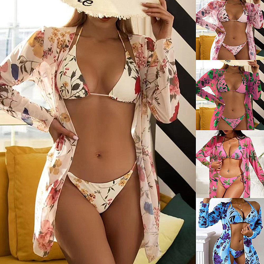 5 Colors Swimwear Printed Mesh Three-Piece Cover-Up Bikini Swimsuit