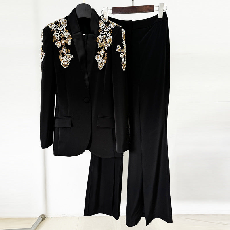 Sparkling Embellished Blazer And Split Pants Set