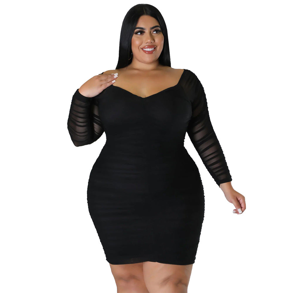 Plus Size Autumn Dress With Mesh Sleeves