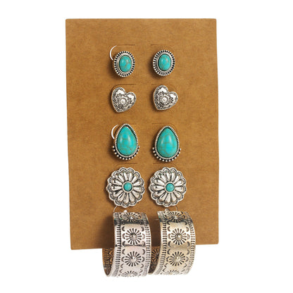 Bohemian Vintage Turquoise Earrings Set - Flower Heart Geometric Design