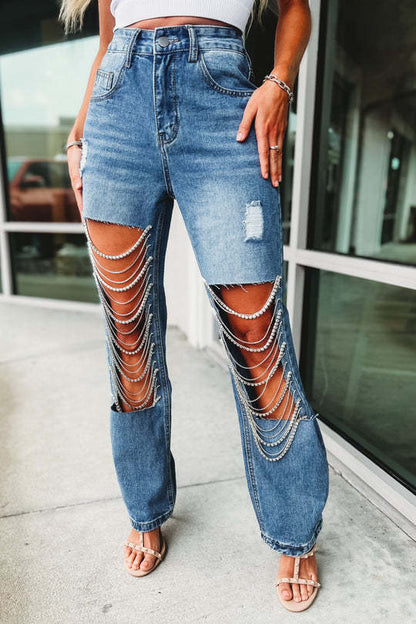 Distressed Denim Jeans with Chain Detail for Women