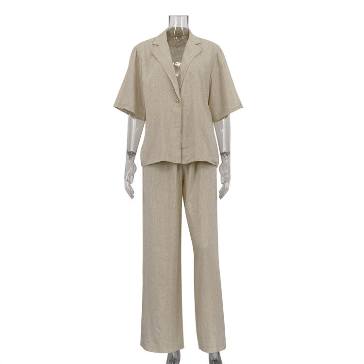 Casual Linen Two-Piece Set with Button Front Cardigan