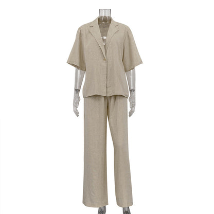 Casual Linen Two-Piece Set with Button Front Cardigan