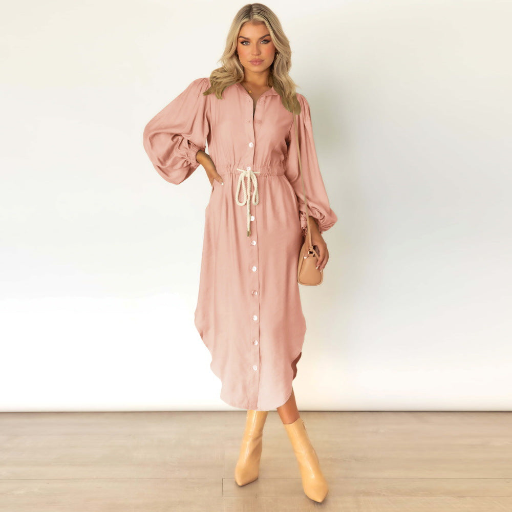 Long-Sleeved Temperament Shirt Mid-Length Tie-Up Waist Dress