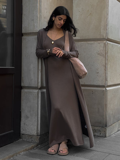 Knitted Long Sleeve Cardigan And Cami Dress Set Soft Casual Outfit
