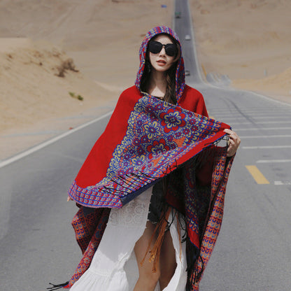 Ethnic Style New Split Shawl Women'S Cloak Scarf Thickened Warm Travel Coat Cloak